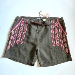 Johnny Was Olive Colored Sabriya Linen Shorts, Size M